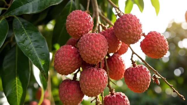 Fresh red lychee fruits hanging from a lush green tree branch in sunlight