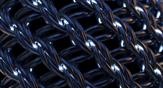 Close up of dark metallic braided rope texture.
