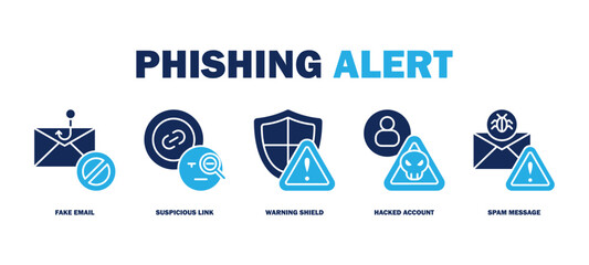 phishing alert banner web icon vector illustration featuring icons of fake email, suspicious link, warning shield, hacked account, spam message. © rann_design