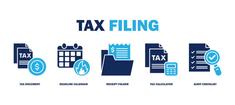tax filing banner web icon vector illustration featuring icons of tax document, deadline calendar, receipt folder, tax calculator, audit checklist.