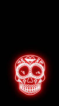 Seamless vertical video of a crazy mexican skull with red neon. Funny Halloween background with fluorescent effect for parties and events.
