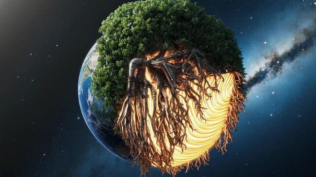 "Surreal digital illustration of Earth in space transformed into a forested sphere, dense green forest replacing part of planet, exposed roots extending downward into glowing layered core resembling t