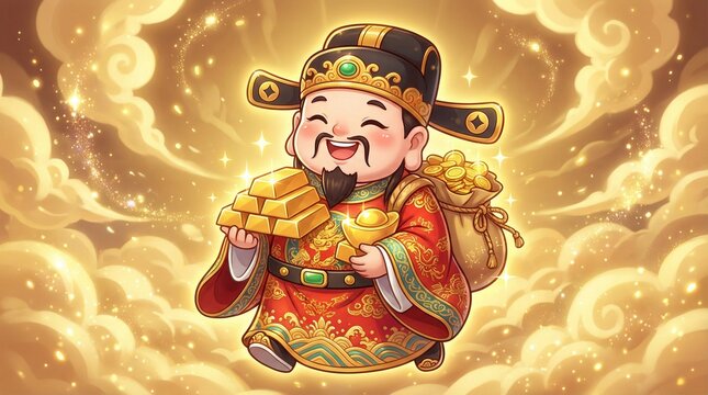 Chubby Cartoon God of Wealth Holding Gold Bars and Money Bag Amidst Golden Clouds.