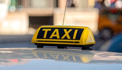 Close-up of a bright yellow rooftop sign reading "TAXI" on a vehicle. A blurred street scene and other car parts are in the backdrop