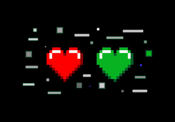 Red and Green Pixelated Hearts Display.