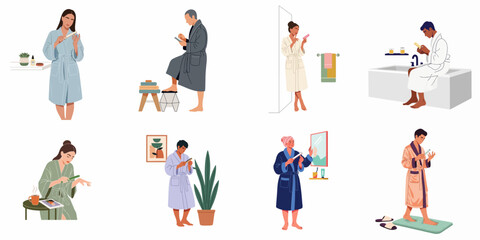 Fototapeta premium Diverse people in comfortable bathrobes performing various self-care and personal grooming routines in their homes.