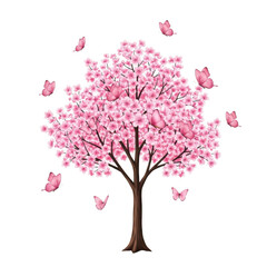 Fototapeta premium A beautiful pink blossom tree with butterflies fluttering around it isolated on transparent background
