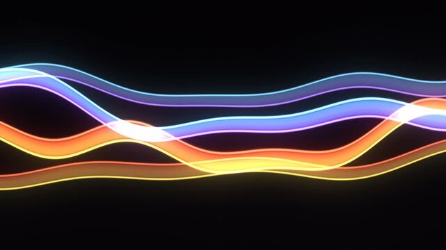 Neon wavy lines and ribbons glide horizontally across a black field