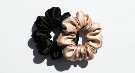 Silk Scrunchie Duo Black  Champagne Elegance on White.