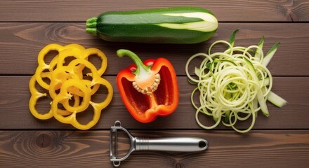 Veggie Rainbow Zucchini with Peppers  Spiralized Noodles on Wood.