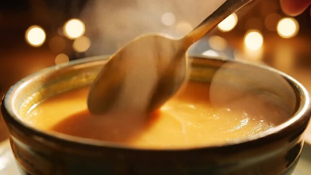 Steaming Creamy Orange Vegetable Soup Being Stirred with a Spoon in a Rustic Bowl Against a Warm, Blurred Bokeh Background