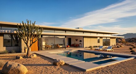 Fototapeta premium Modern Desert Home With Swimming Pool and Stunning Mountain Views at Sunset