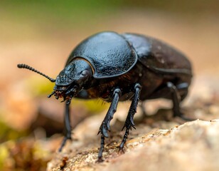 Dung Beetle Close-Up - A Shiny Black Insect on a Textured Surface.