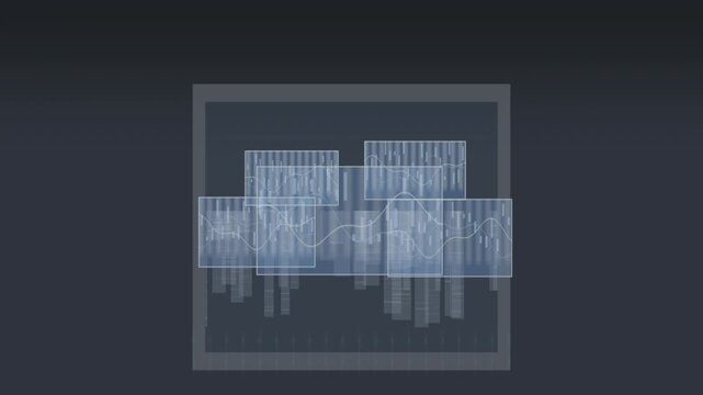 Geometric shapes and lines flow dynamically across a dark gray field