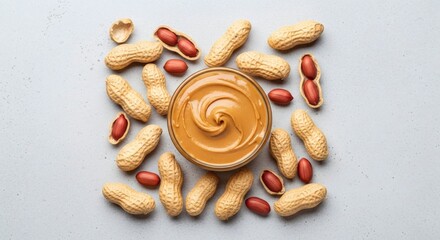 Creamy Peanut Butter Swirl Nuts in Shell on Grey Background with Top View.