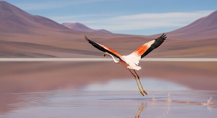 Obraz premium Flamingo Takes Flight Over Reflective Water in Mountain Landscape.