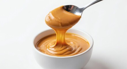 Caramel cascade Spoon pouring golden sauce into white bowl on clean backdrop.