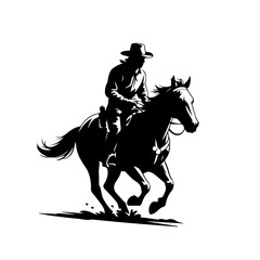 Vector Silhouette Illustration of Centered Cowboy Riding Galloping Horse with Flowing Mane on White Background