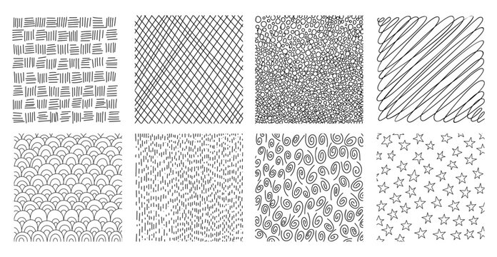 Hand-drawn crosshatch patterns with organic lines and pencil textures vector illustration set. Sketch-style hatching creates depth through diagonal strokes and cross-line shading techniques.