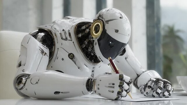 A Futuristic Robot Engaged in Writing: Exploring the Intersection of Technology and Creativity through an Advanced Android's Expressive Work