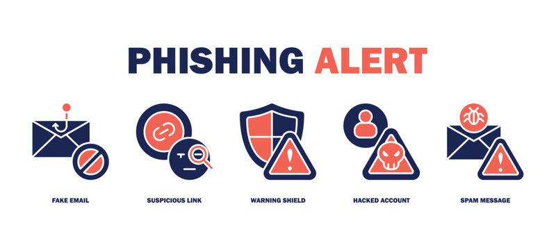 phishing alert banner web icon vector illustration featuring icons of fake email, suspicious link, warning shield, hacked account, spam message.