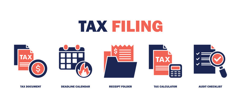 tax filing banner web icon vector illustration featuring icons of tax document, deadline calendar, receipt folder, tax calculator, audit checklist.