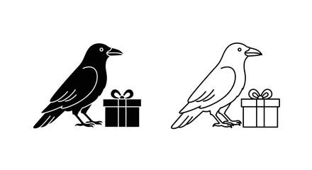 Obraz premium Black and white birds with gifts, vector illustration, holiday season, christmas, happy Vector