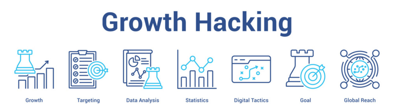 Growth Hacking web banner icon set vector illustration concept for business with icon of Growth, Targeting, Data Analysis, Statistics, Digital Tactics, Go.