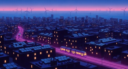 Obraz premium Stylized cityscape at dusk with purple tram on glowing neon tracks. Buildings show illuminated windows, solar panels on rooftops. Wind turbines on horizon, vision of sustainable urban living.