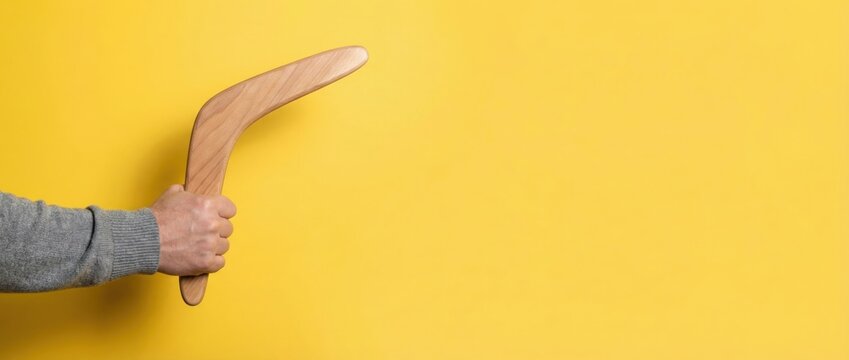Exciting boomerang throwing action indoor setting photograph bright yellow background close-up viewpoint fun and playful concept for engaging content and seo impact