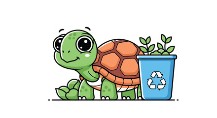 Obraz premium Young Green Turtle next to Recycling Bin with Plant