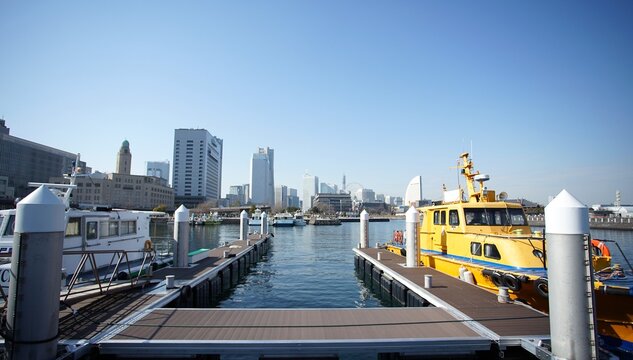 Wide-Angle Panorama of Yokohama Minato Mirai Skyline from a Floating Dock
