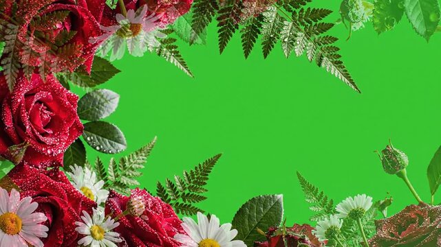 Floral border with red roses daisies and ferns on green background