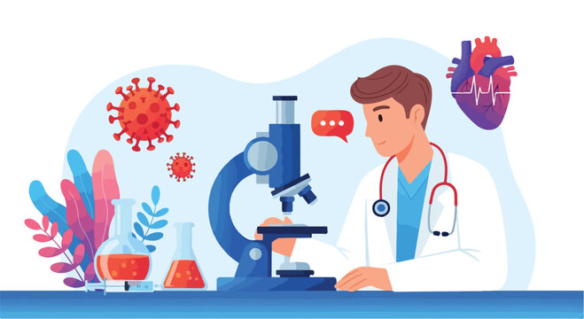 Medical Scientist Using Microscope for Virus Research Vector Illustration