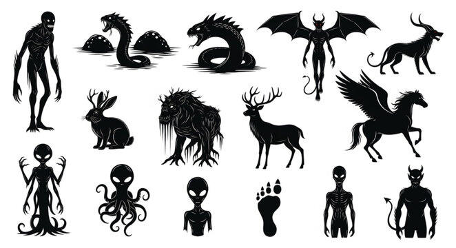 Collection of Mythical Creatures and Cryptids Silhouettes.