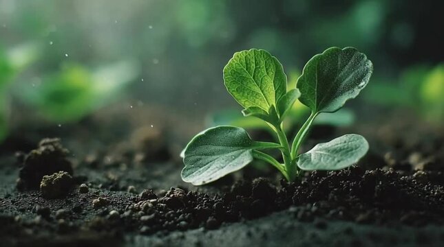 A young seedling emerging from rich, dark soil, bathed in soft, diffused sunlight, representing growth and new beginnings in nature