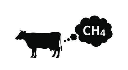 Black Silhouette of Cow Emitting Methane CH4 Gas Cloud Vector Illustration