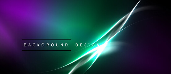 Abstract background features vibrant purple, green gradients. Diagonal neon lines create dynamic visual effect. Modern design element.