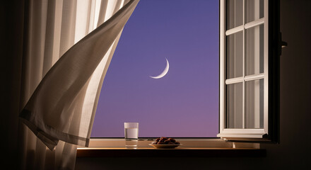 Obraz premium Crescent moon in the twilight sky, viewed through an open window with light curtains, next to a glass of water and dates on the windowsill, symbolizing Ramadan.