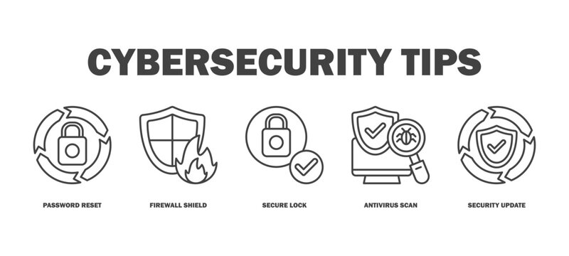 cybersecurity tips banner web icon vector illustration featuring icons of password reset, firewall shield, secure lock, antivirus scan, security update.