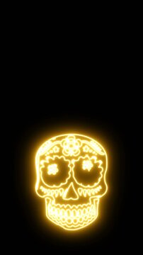 Seamless vertical video of a crazy mexican skull with yellow neon. Funny Halloween background with fluorescent effect for parties and events.