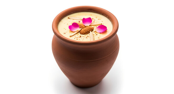 Traditional Indian Thandai beverage in a rustic clay pot garnished with almonds and fresh rose petals, isolated on a white background.
