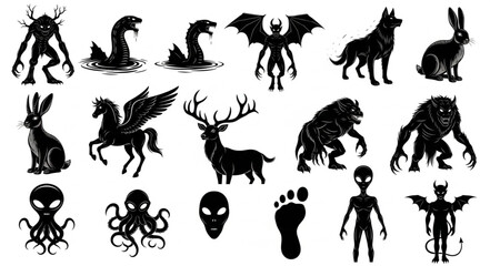 Collection of Mythical Creatures and Monsters Silhouettes. © Rendi