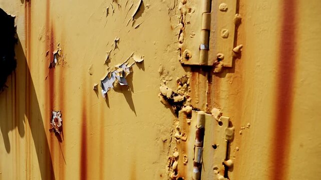 The close-up of aged, rusted metal panel with hinge showing texture, color and details. Weathered, peeled paint gives an impression of decay