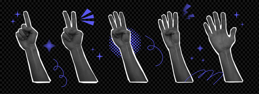 Hand set halftone collage with gesture calculation, different finger numbers, interactive communication signs. Hands show one, two, three, four and five.