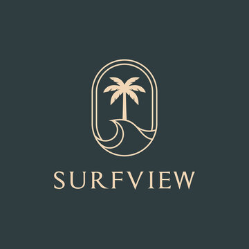 Elegant Surfview logo with palm tree and wave in a minimalist oval frame.