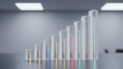 Abstract visualization of illuminated translucent acrylic bars arranged in a sequential rising pattern suggesting growth performance and analytical measurement concepts