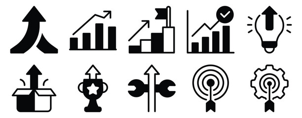 Growth success solid mix style icon set for business progress analytics targets awards and performance