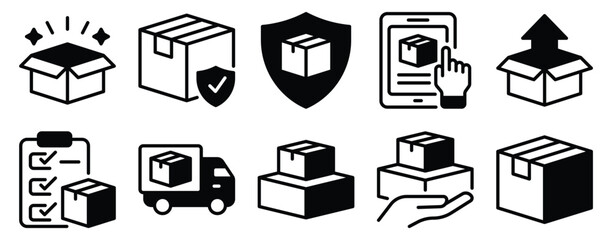 Box delivery line style icon set for shipping logistics courier tracking and ecommerce packaging