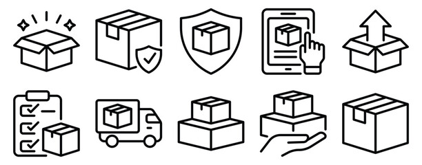 Box delivery solid mix style icon set for shipping logistics delivery tracking and warehouse packaging